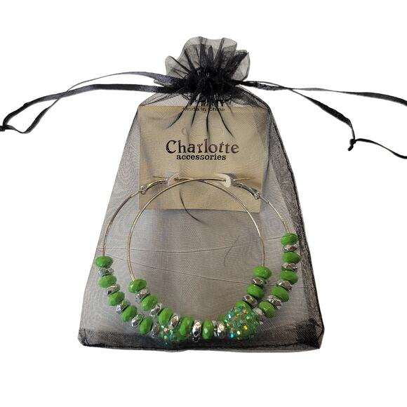 Large Green Beaded Hoop Earrings 3" Silver Tone Rhinestone Accent Pierced Trendy - Picture 7 of 7